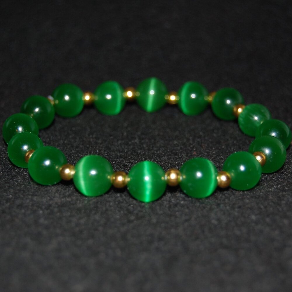 Green Cat Eye Bracelet,Green Bracelet,10mm Green Cat Beaded Bracelet,Special,Lov